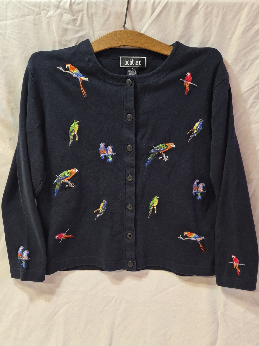 Black Parrot Embroidered Button-Front Cotton Cardigan Sweater Size M